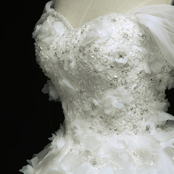 Chic / Beautiful Church Wedding Dresses 2017 White Ball Gown Cathedral Train Off-The-Shoulder Short Sleeve Backless Lace Appliques Flower Sequins Rhinestone Pearl