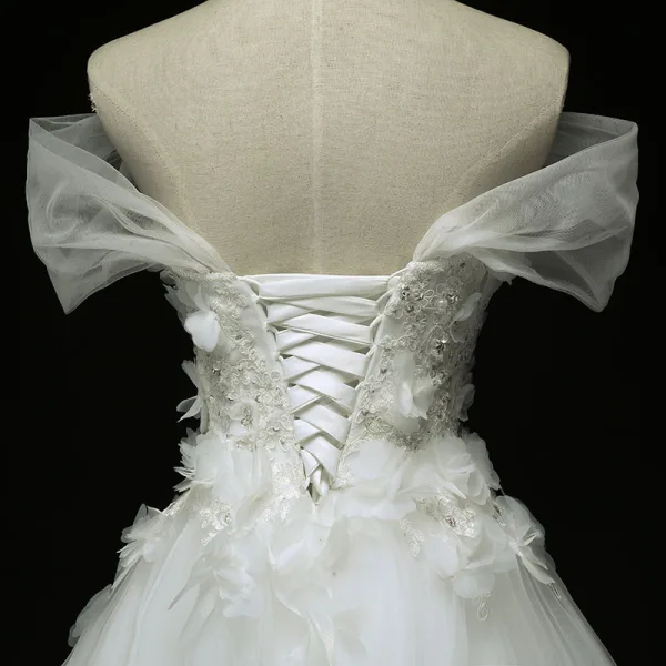 Chic / Beautiful Church Wedding Dresses 2017 White Ball Gown Cathedral Train Off-The-Shoulder Short Sleeve Backless Lace Appliques Flower Sequins Rhinestone Pearl