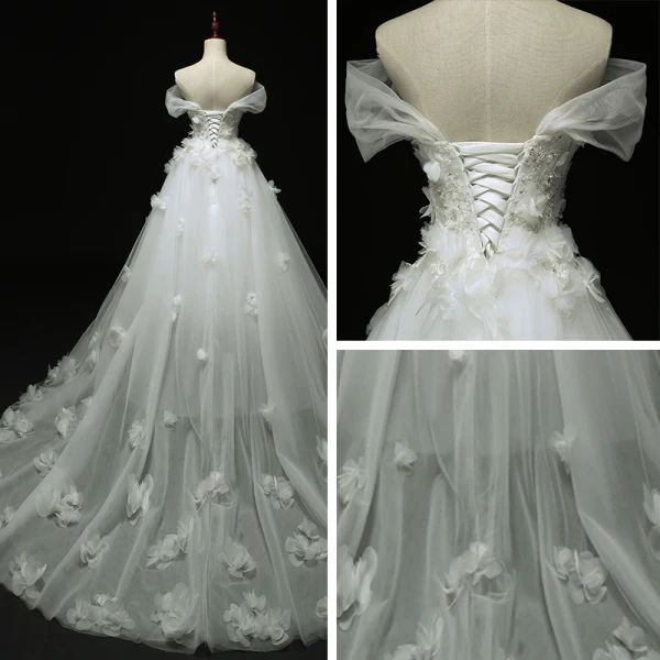 Chic / Beautiful Church Wedding Dresses 2017 White Ball Gown Cathedral Train Off-The-Shoulder Short Sleeve Backless Lace Appliques Flower Sequins Rhinestone Pearl