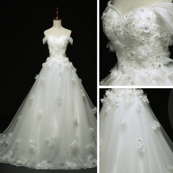Chic / Beautiful Church Wedding Dresses 2017 White Ball Gown Cathedral Train Off-The-Shoulder Short Sleeve Backless Lace Appliques Flower Sequins Rhinestone Pearl