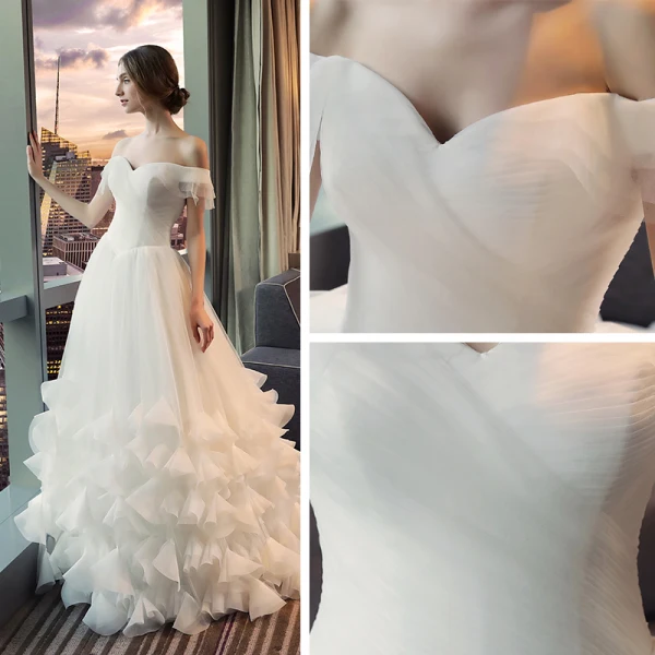 Chic / Belle Salle Robe De Mariée 2017 Blanche Princesse Longue De l'épaule Manches Courtes Dos Nu Fleur Appliques