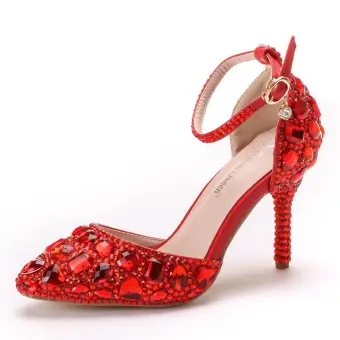 Charmant Rouge Faux Diamant Chaussure De Mariée 2025 Bride Cheville 9 Cm Talons Aiguilles À Bout Pointu Mariage Talons Hauts