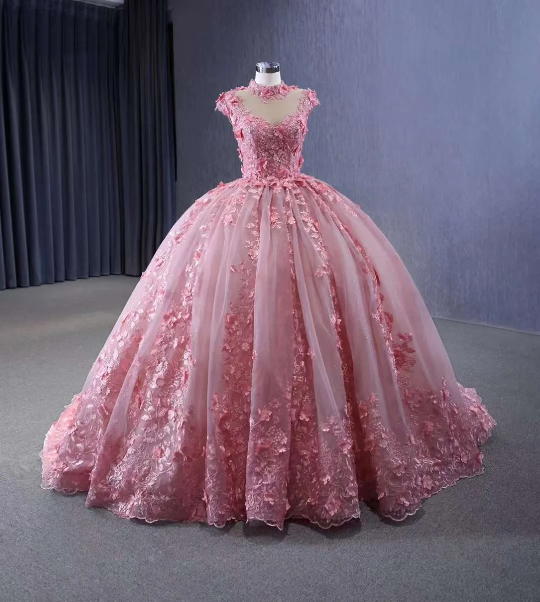 Fairytale Blushing Pink High Neck Ball Gown Prom Dresses 2023 Cap Sleeves Crossed Straps