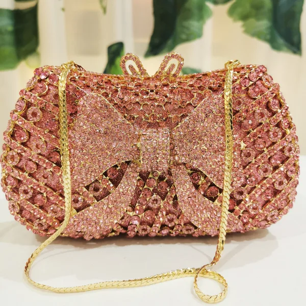 Fashion Rose Gold Rhinestone Bow Cocktail Party Evening Party Clutch Bags 2022