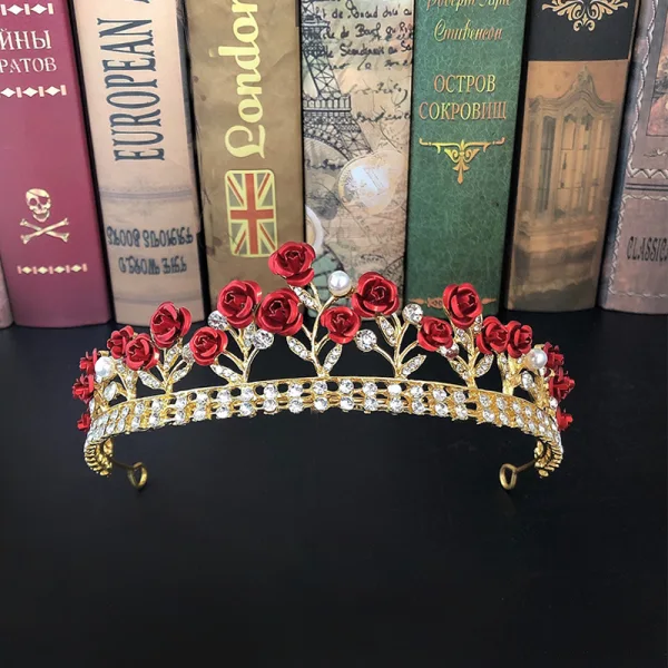 Fine Rød Blomst Rhinestone Gull Bryllup Tiara 2022 Legering Har Tilbehor