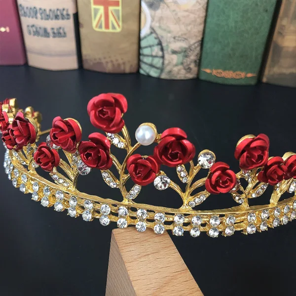 Fine Rød Blomst Rhinestone Gull Bryllup Tiara 2022 Legering Har Tilbehor