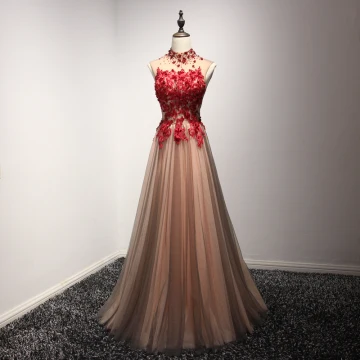Chic Beautiful Evening Dresses Formal Dresses 2017 Brown A Line Princess Floor Length Long High Neck Sleeveless Backless Lace Appliques Beading Crystal