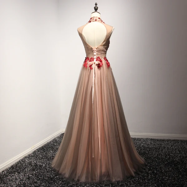 Chic / Beautiful Evening Dresses Formal Dresses 2017 Brown A-Line / Princess Floor-Length / Long High Neck Sleeveless Backless Lace Appliques Beading Crystal