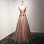 Chic / Beautiful Evening Dresses  Formal Dresses 2017 Brown A-Line / Princess Floor-Length / Long High Neck Sleeveless Backless Lace Appliques Beading Crystal