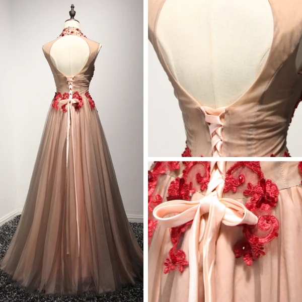 Chic / Beautiful Evening Dresses Formal Dresses 2017 Brown A-Line / Princess Floor-Length / Long High Neck Sleeveless Backless Lace Appliques Beading Crystal