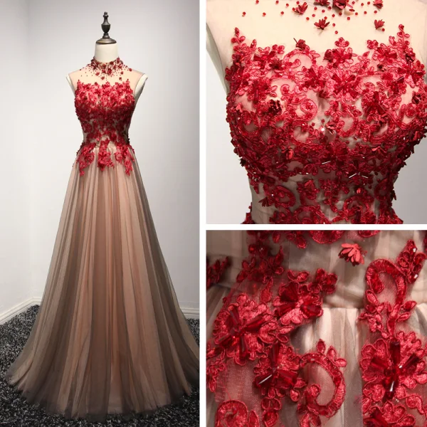Chic / Beautiful Evening Dresses Formal Dresses 2017 Brown A-Line / Princess Floor-Length / Long High Neck Sleeveless Backless Lace Appliques Beading Crystal