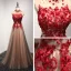 Chic / Beautiful Evening Dresses  Formal Dresses 2017 Brown A-Line / Princess Floor-Length / Long High Neck Sleeveless Backless Lace Appliques Beading Crystal