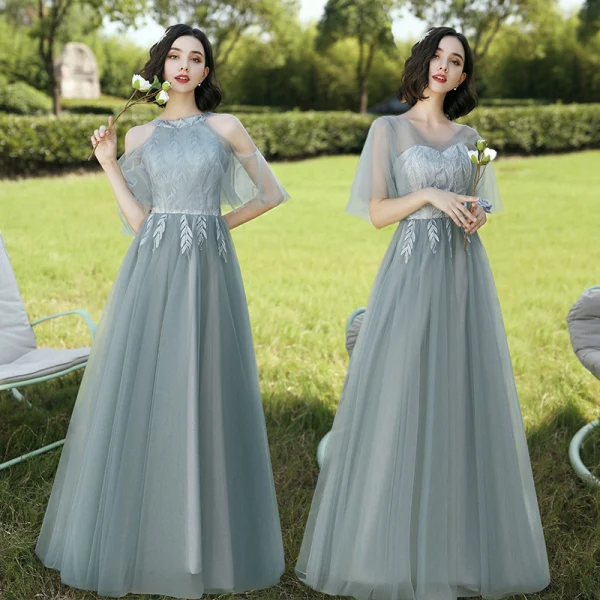 Modest / Simple Sage Green Embroidered Bridesmaid Dresses 2021 A-Line / Princess V-Neck Short Sleeve Backless Floor-Length / Long Wedding Party Dresses