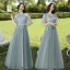 Modest / Simple Sage Green Embroidered Bridesmaid Dresses 2021 A-Line / Princess V-Neck Short Sleeve Backless Floor-Length / Long Wedding Party Dresses