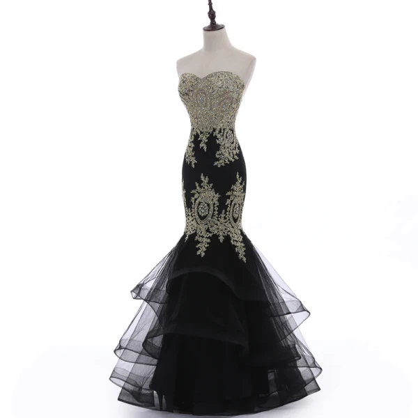 Charmant Noire Robe De Soirée 2018 Trompette / Sirène Bustier Dos Nu En Dentelle Fleur Faux Diamant Sans Manches Longue Robe De Ceremonie