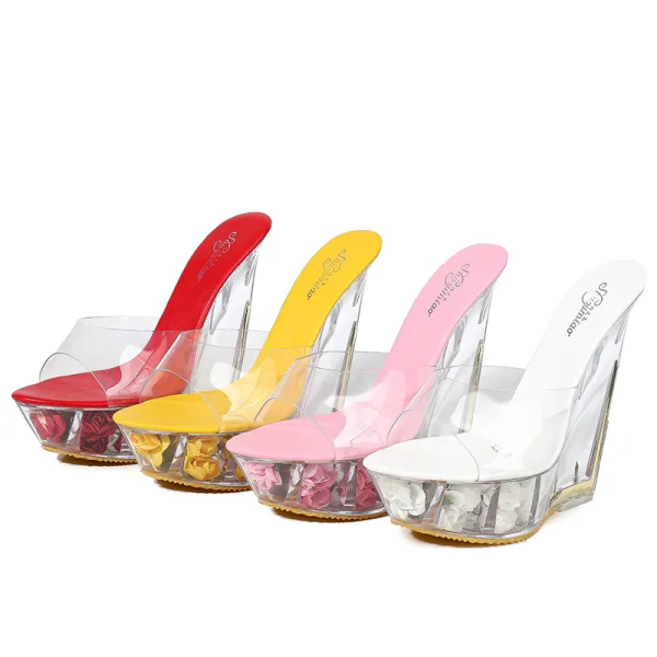 Transparent Yellow Rave Club Womens Sandals 2020 15 cm Wedges Open / Peep Toe Sandals