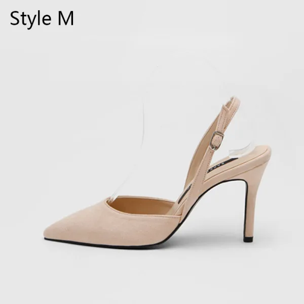 Schlicht Beige Büro OL Slingpumps Sandalen Damen 2020 Wildleder 8 cm Stilettos Spitzschuh Sandaletten