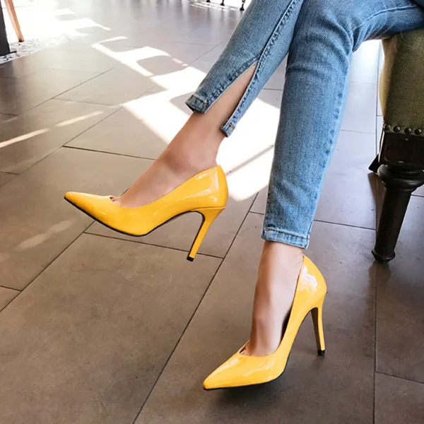 Schöne Gelb Büro OL Pumps 2020 Lackleder 8 cm Stilettos Spitzschuh Pumps