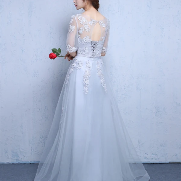 Chic / Beautiful Evening Party Graduation Dresses 2017 Lace A-Line / Princess Scoop Neck 1/2 Sleeves Floor-Length / Long