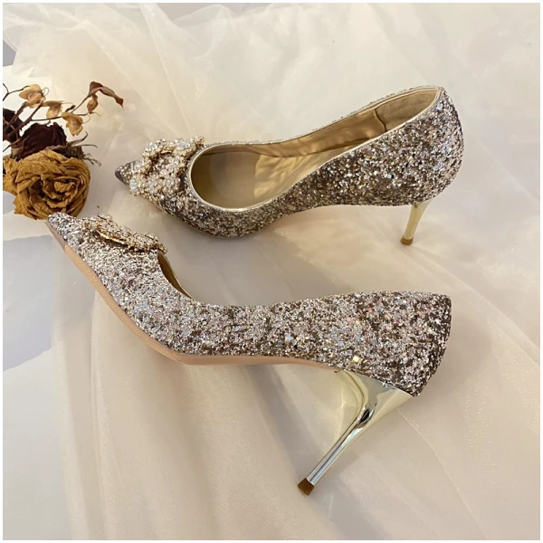 Scintillantes Champagne Soirée Perle Faux Diamant Escarpins 2021 Cuir Paillettes 8 cm Talons Aiguilles À Bout Pointu Escarpins Talons Hauts