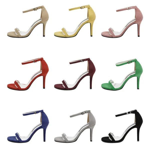 Enkla Sommar Grå Gatukläder Sandaler Dam 2020 Mocka Ankelband 8 cm Stilettklackar Peep Toe Sandaler
