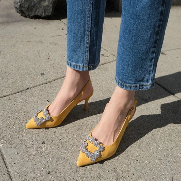 Chic / Beautiful Yellow Bridesmaid Slingbacks Womens Sandals 2020 Suede Rhinestone 10 cm Stiletto Heels Pointed Toe Sandals