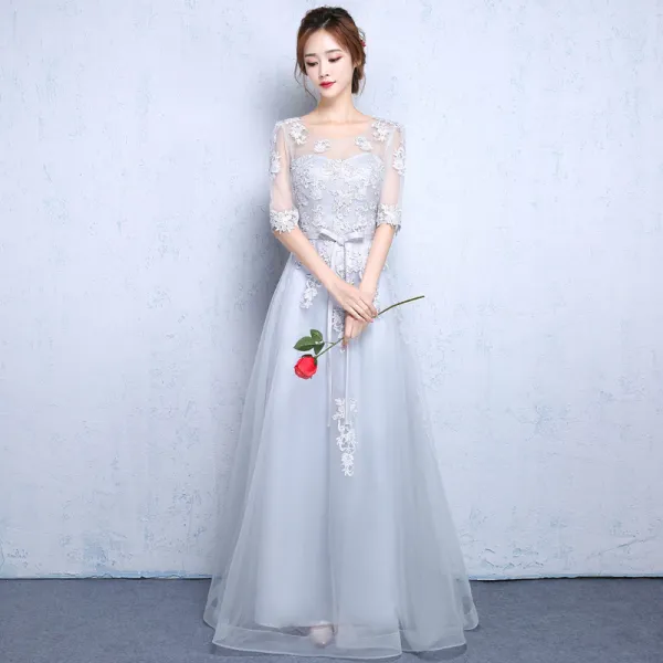 Chic / Beautiful Evening Party Graduation Dresses 2017 Lace A-Line / Princess Scoop Neck 1/2 Sleeves Floor-Length / Long