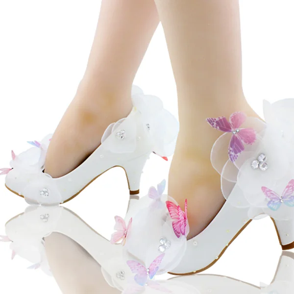 Chic / Beautiful White Wedding Shoes 2018 Leather Butterfly Flower Rhinestone 14 cm Stiletto Heels Pointed Toe Wedding Pumps