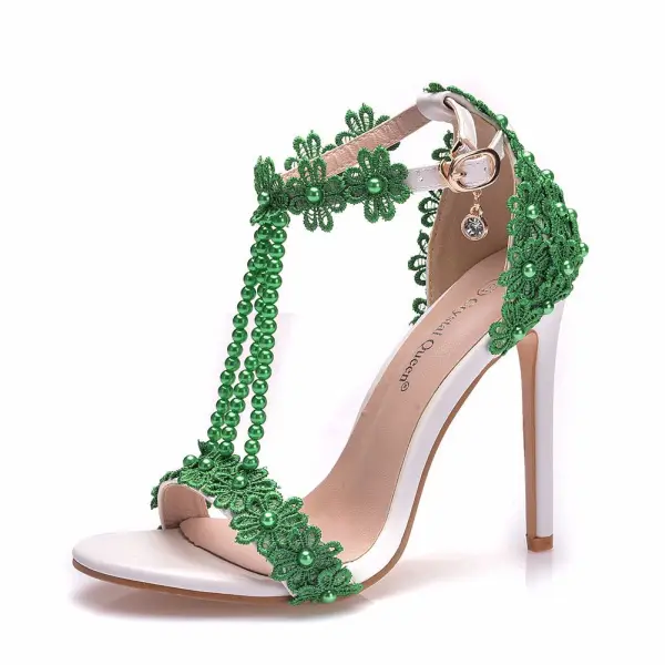 Charmant Blanche En Dentelle Fleur Chaussure De Mariée 2021 Faux Diamant Perle T-Strap 11 cm Talons Aiguilles Peep Toes / Bout Ouvert Mariage Talons Hauts