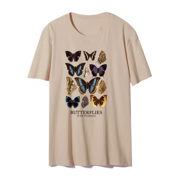 Fashion Street Wear Khaki Summer Loose Butterfly Printing Cotton T-Shirts 2021 Scoop Neck Short Sleeve Women's Tops T-shirt