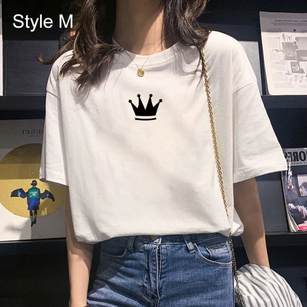 Désinvolte Vêtement de rue Blanche Dessin animé Impression Ample T-Shirts 2021 Coton Encolure Dégagée Manches Courtes Hauts pour Femmes T-shirt