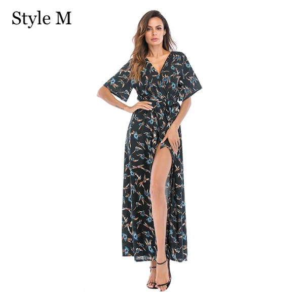 Summer Black Street Wear Beach Floral Maxi Dresses 2021 V-Neck Short Sleeve Women Dresses