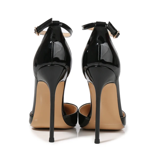 Sexy Fashion Black Cocktail Party Evening Party Womens Shoes 2021 Patent Leather Ankle Strap 12 cm Stiletto Heels Pointed Toe Womens Shoes High Heels