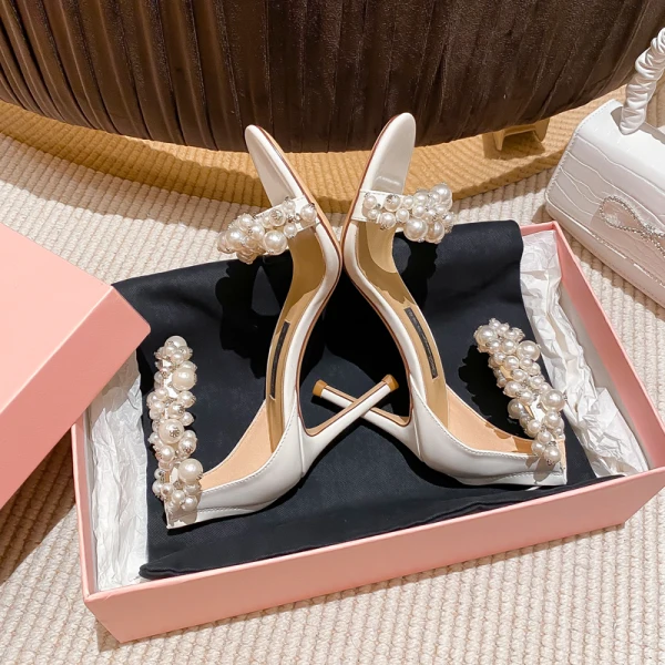 Sexy Noire Vêtement de rue Cocktail Soirée Perle Sandales Femme 2021 Cuir Bride Cheville 10 cm Talons Aiguilles Peep Toes / Bout Ouvert Sandales Talons Hauts