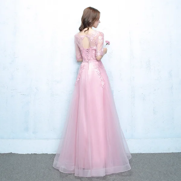 Chic / Beautiful Evening Party Graduation Dresses 2017 Lace A-Line / Princess Scoop Neck 1/2 Sleeves Floor-Length / Long