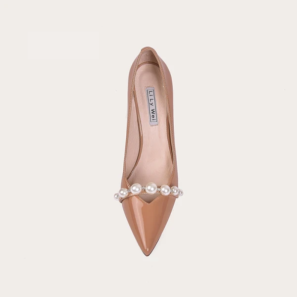 Mode Nude Abend Perle Pumps 2021 Leder 10 cm Stilettos Hochhackige Spitzschuh Pumps