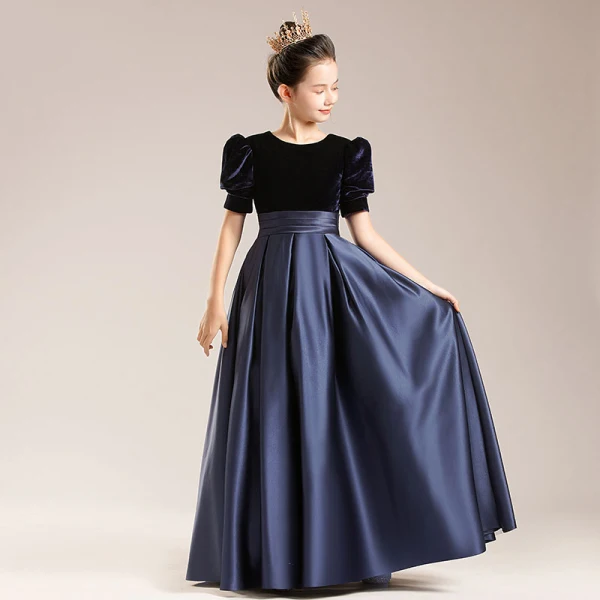 Elegant Black Suede Satin Birthday Flower Girl Dresses 2022 Ball Gown Scoop Neck Short Sleeve Sash Floor-Length / Long Flower Girl Dresses