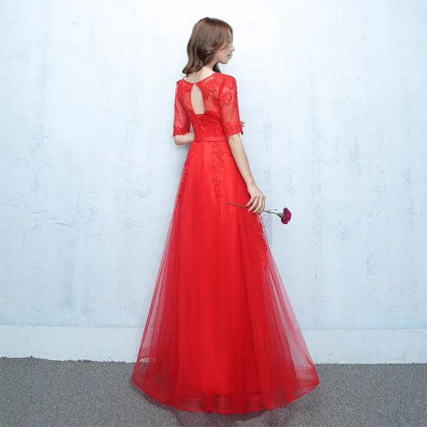 Chic / Beautiful Evening Party Graduation Dresses 2017 Lace A-Line / Princess Scoop Neck 1/2 Sleeves Floor-Length / Long