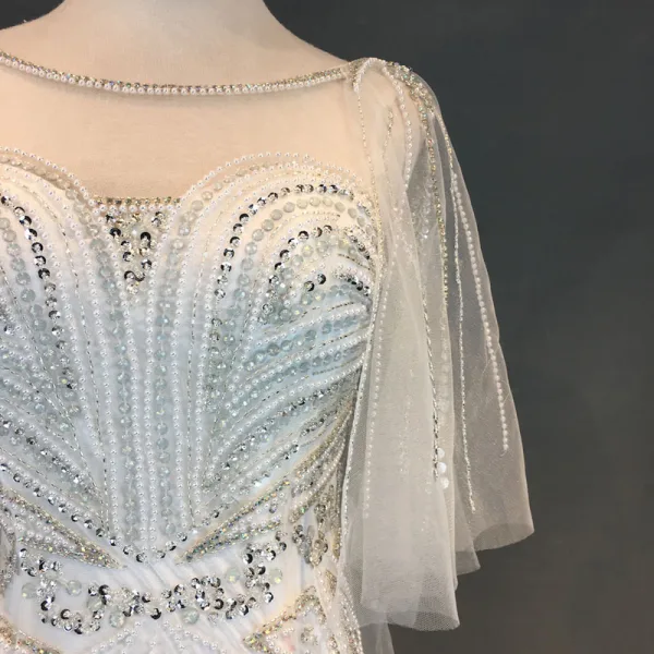 Luxe Ivoire Robe De Soirée 2018 Trompette / Sirène Perlage Perle Faux Diamant Paillettes Encolure Dégagée Dos Nu 3/4 Manches Train De Balayage Robe De Ceremonie