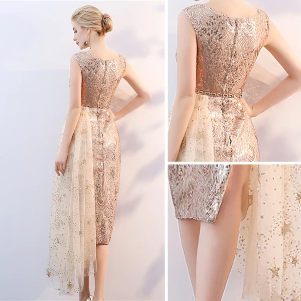 Sparkly Gold Sequins Mother Of The Bride Dresses 2018 Scoop Neck Sleeveless Metal Sash Split Front Tea-length Wedding Party Dresses