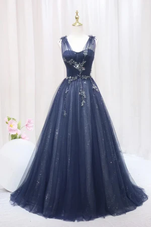 Vintage Retro Navy Blue Beading Sequins Prom Dresses 2024 A Line Princess U Neck Sleeveless Backless Sweep Train Prom Formal Dresses