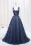 Vintage / Retro Navy Blue Beading Sequins Prom Dresses 2024 A-Line / Princess U-Neck Sleeveless Backless Sweep Train Prom Formal Dresses