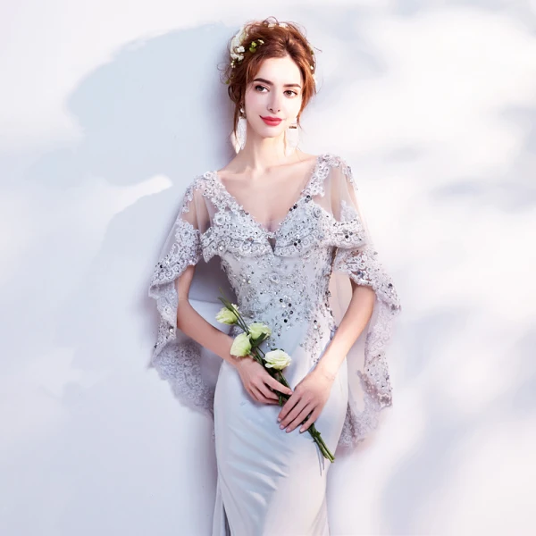Chic / Beautiful Grey Evening Dresses 2018 Trumpet / Mermaid V-Neck Lace Appliques Backless Beading Rhinestone Evening Party Formal Dresses