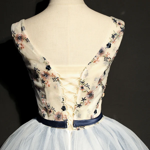 Chic / Beautiful Navy Blue Graduation Dresses 2018 Homecoming A-Line / Princess Tulle U-Neck Embroidered Appliques Backless Beading Cocktail Party Formal Dresses