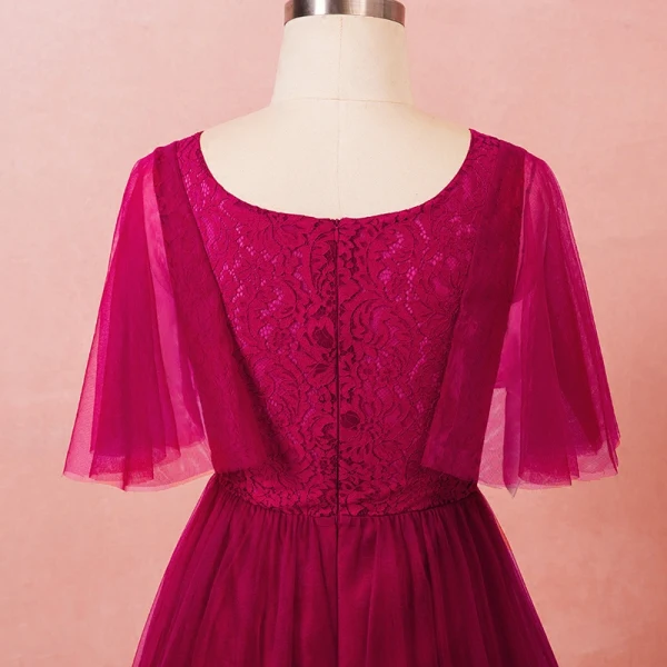 Modest / Simple Burgundy Plus Size Evening Dresses 2018 A-Line / Princess Lace-up Tulle U-Neck Appliques Backless Evening Party Formal Dresses