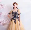 Classic Elegant Yellow Floor-Length / Long Evening Dresses  2018 A-Line / Princess U-Neck Tulle Embroidered Backless Beading Evening Party Prom Dresses