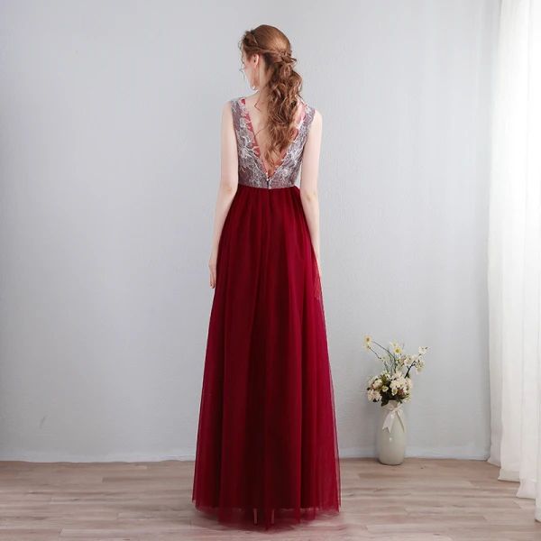 Charming Sexy Floor-Length / Long Evening Dresses 2018 V-Neck Chiffon Lace-up Burgundy Appliques Backless Beading Formal Dresses