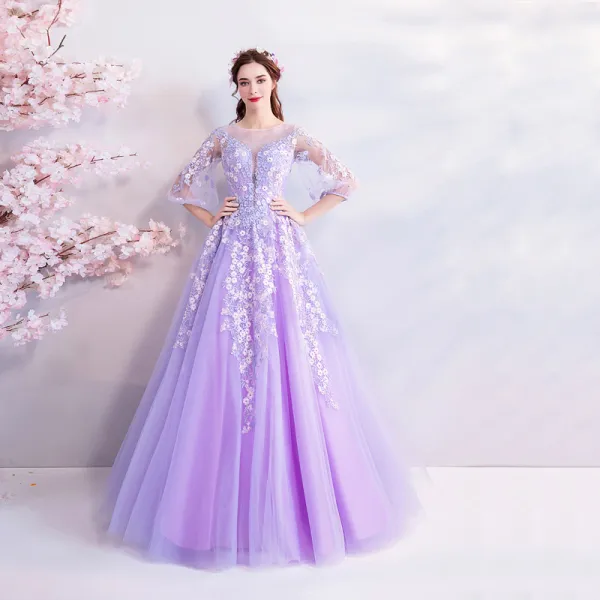 Flower Fairy Lavender Floor-Length / Long Prom Dresses 2018 A-Line / Princess Tulle U-Neck Appliques Backless Beading Evening Party Prom Formal Dresses