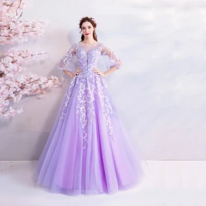 Flower Fairy Lavender Floor Length Long Prom Dresses 2018 A Line Princess Tulle U Neck Appliques Backless Beading Evening Party Prom Formal Dresses