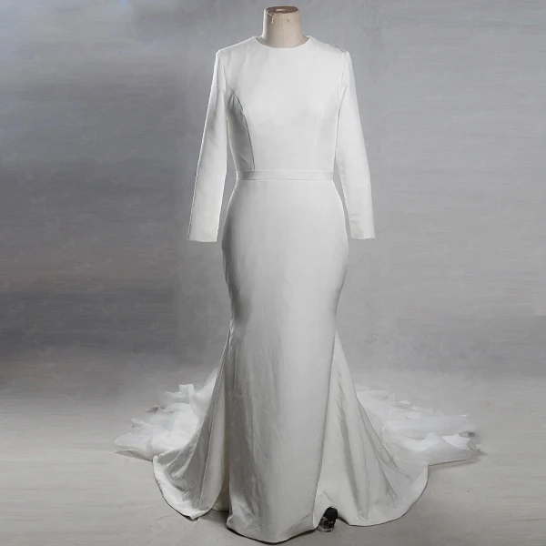 Vintage / Retro Ivory Chapel Train 2018 Wedding Trumpet / Mermaid Long Sleeve Scoop Neck Charmeuse Puffy Buttons Wedding Dresses